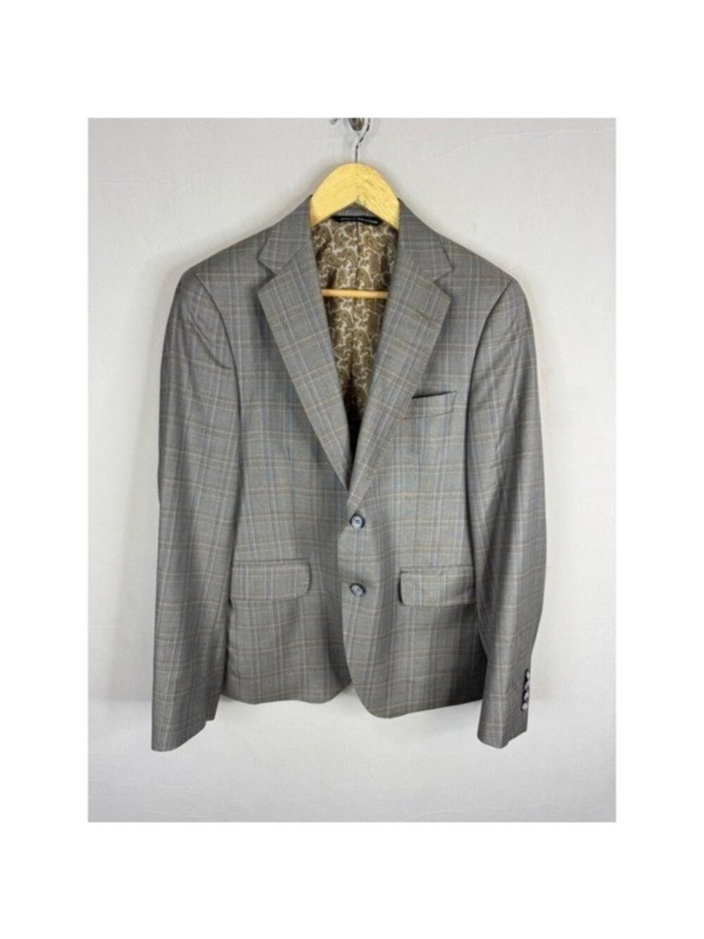 Holt Renfrew Reda Super 130s Wool Plaid Blazer Grey Paisley Lining Mens 38R
